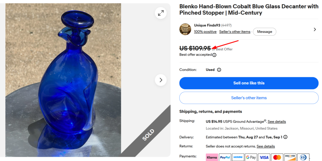Blenko Hand-Blown Cobalt Blue Decanter