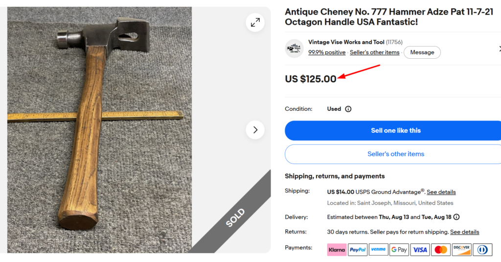 Cheney No. 777 Adze-End Nail Puller Hammer