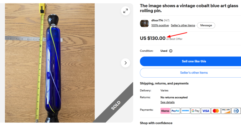 Cobalt Blue Blown Glass Rolling Pin