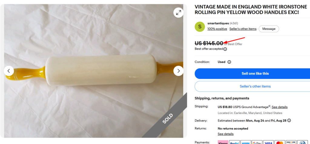 English Advertising Ironstone Rolling Pin
