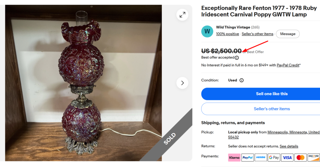 Fenton Gone With the Wind Poppy Lamp