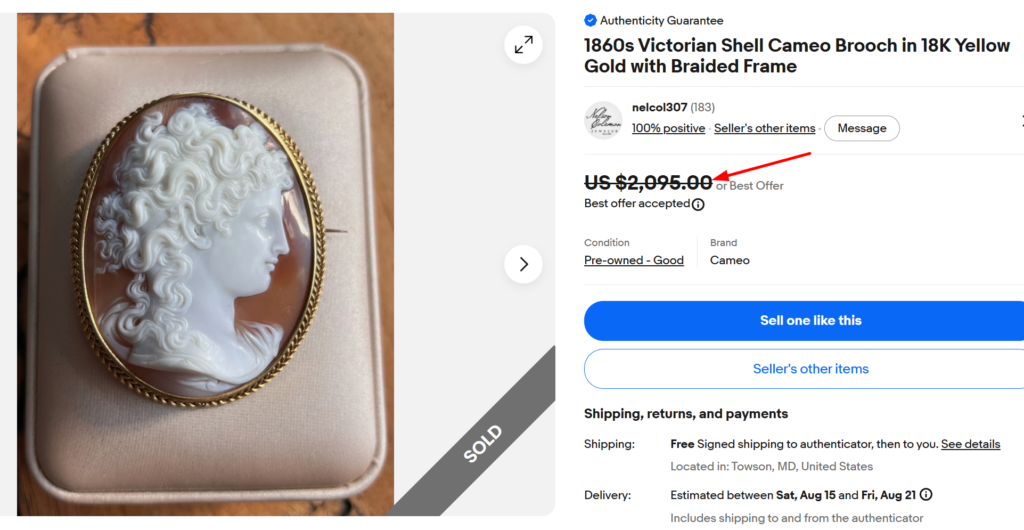Victorian 18K Gold Shell Cameo Brooch