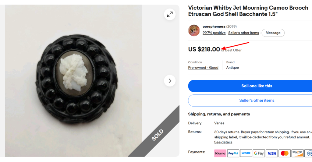 Victorian Whitby Jet Mourning Brooch
