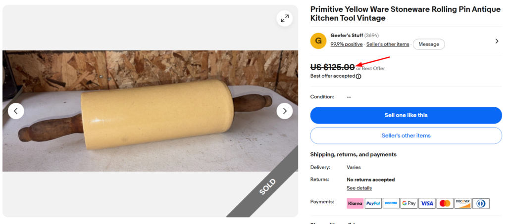 Yellow Ware Rolling Pin with Original Handles