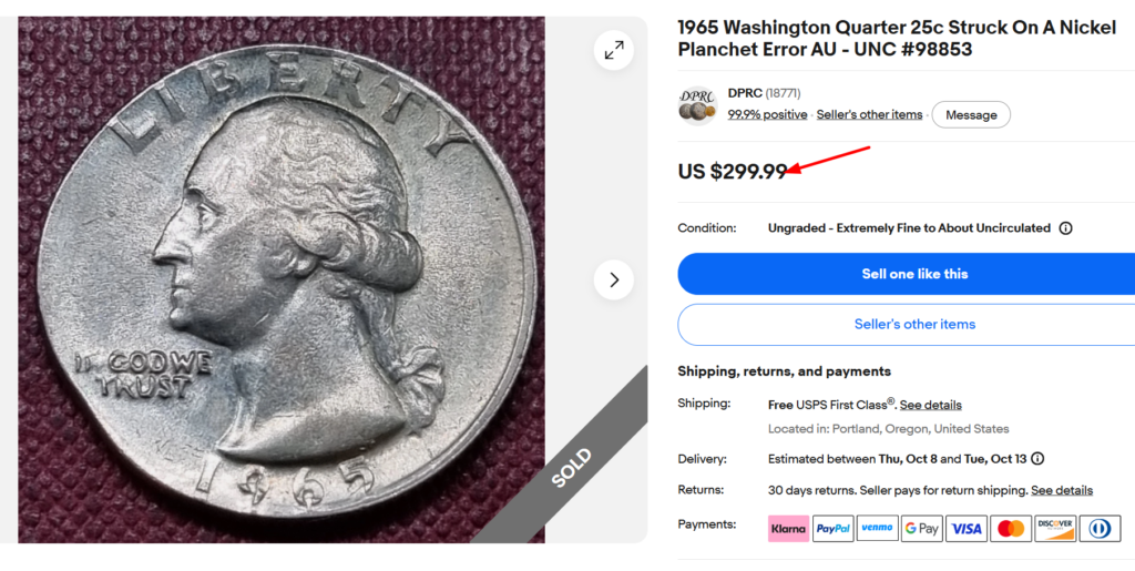 1965 Quarter Stuck on a Nickel Planchet