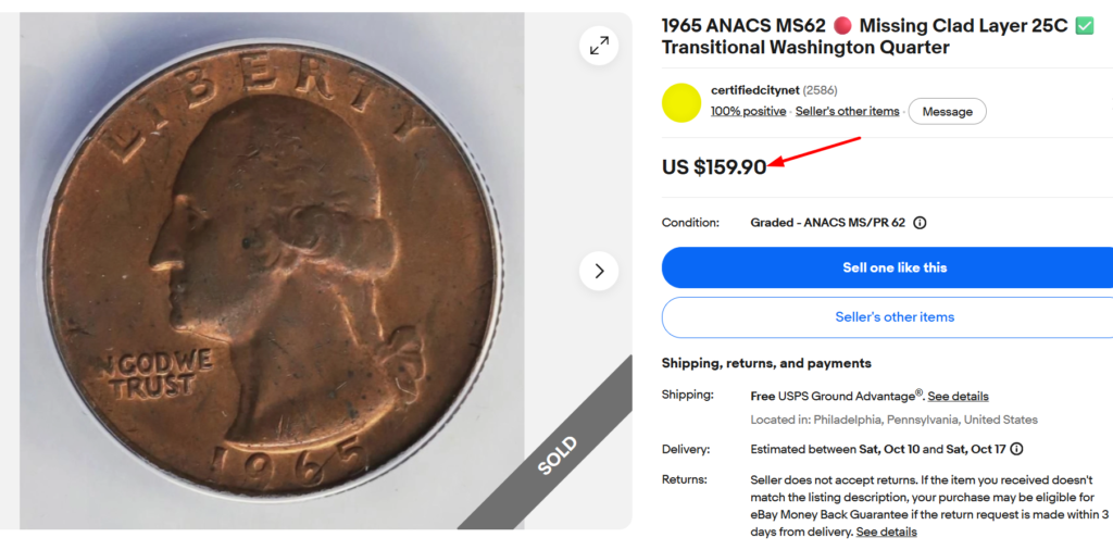1965 Washington Quarter Missing Clad Layer