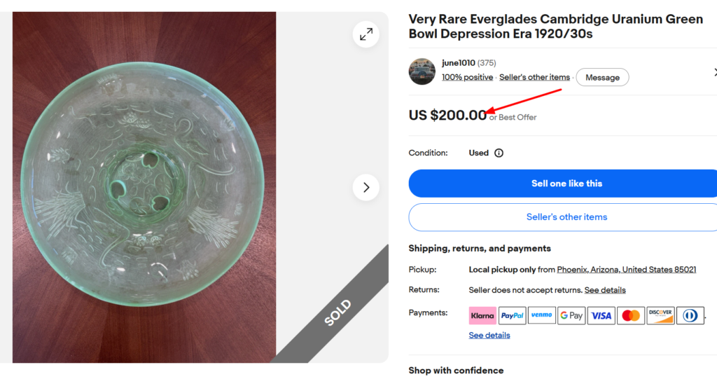 Everglades Cambridge Uranium Depression Glass Bowl