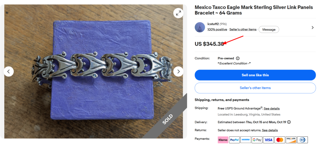 Mexico Taxco Eagle Mark Sterling Link Panel Bracelet