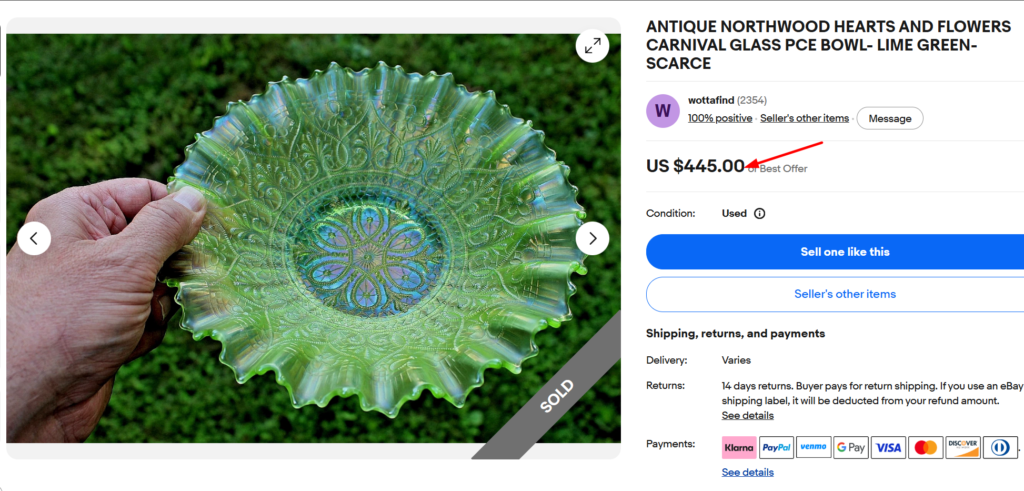 Northwood Heart and Flowers Lime Green Carnival Glass Bowl